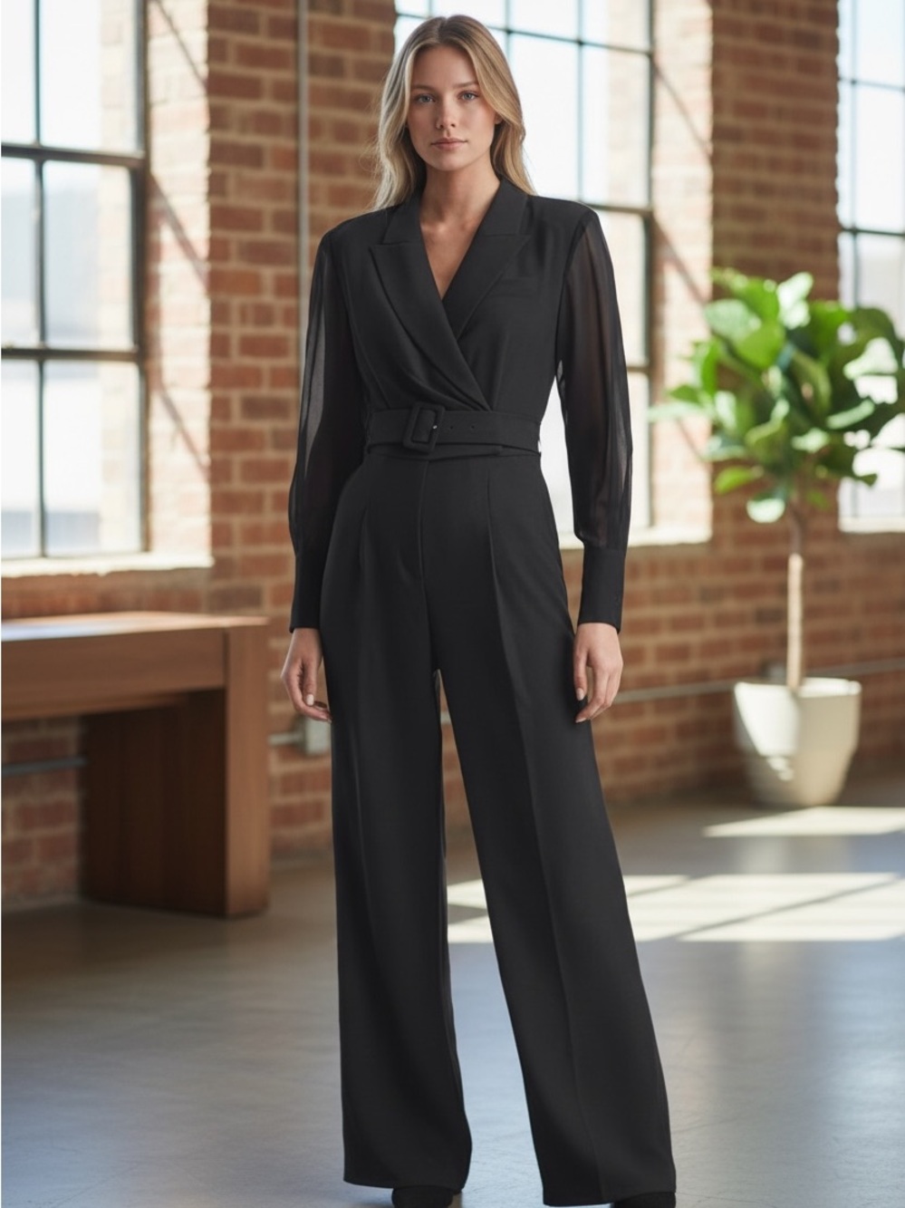 Reiss Black Wrap-Front Belted Wide-Leg Jumpsuit